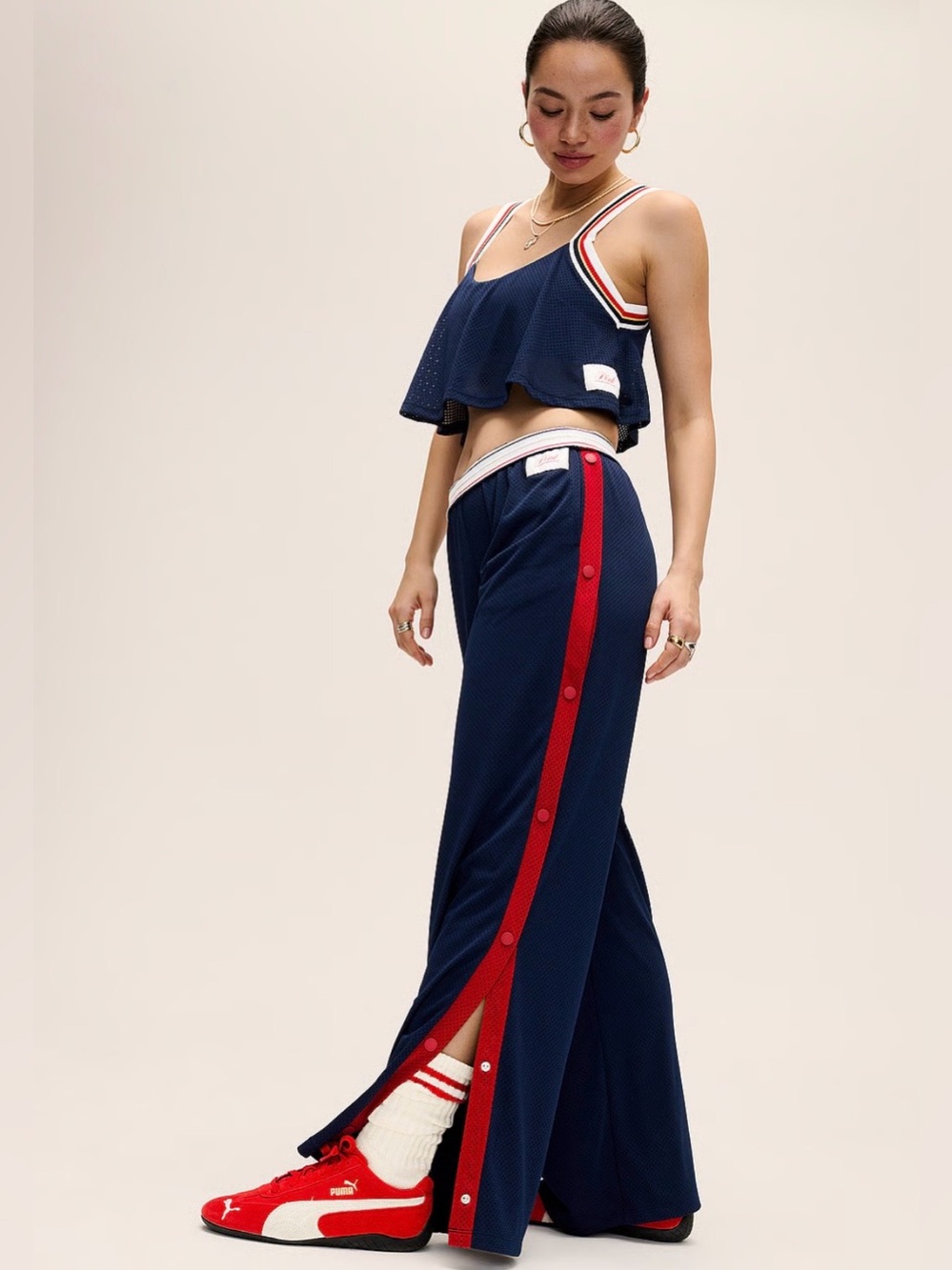 PINK Mesh Wide-Leg Pants with Snaps - Navy / Red - Small